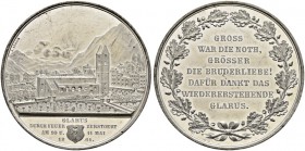 GLARUS 
 Zinnmedaille 1861. Auf den grossen Brand von Glarus. Stempel von J. Silber. 61.78 g. Schweizer Medaillen 1009. Vorzüglich-FDC / Extremely fi...