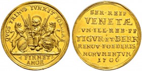 ZÜRICH 
 Stadt 
 Doppeldukat 1706. 6.94 g. Schweizer Medaillen 74. Selten / Rare. Vorzüglich-FDC / Extremely fine- uncirculated.