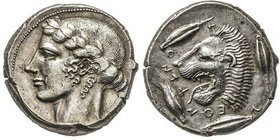 Grèques
Sicile
Tetradrachme, Léontinoi, 466-422 avant J.-C, AG 17.25 g.
Avers : Tête laurée d’Apollon à gauche
Revers : LEON-TI-NON Tête de lion à gau...