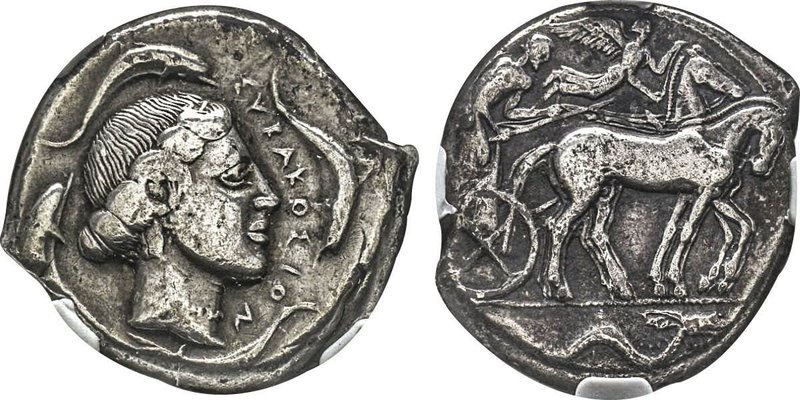 Syracuse, Tetradrachme, vers 460-450 avant J.-C., AG 17 g.
Avers : Tête de la ny...