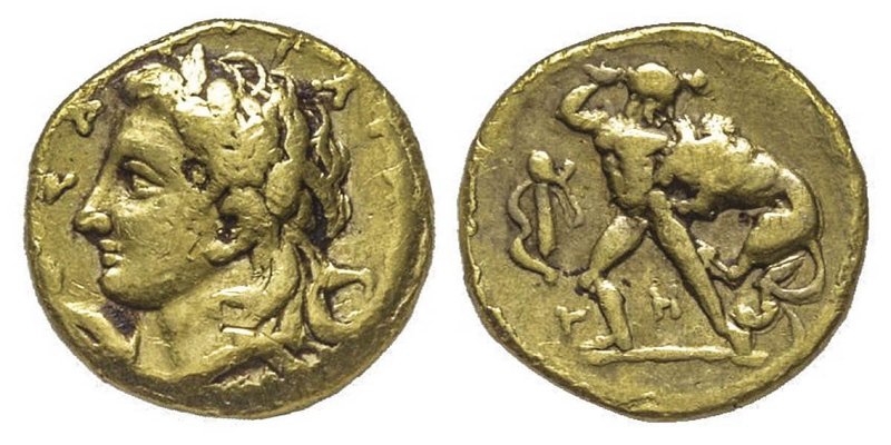 Calabre
Taras, 334-301 avant J.C.
Diobol, AU 1.40 g.
Avers : Tête à gauche de Ap...