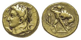 Calabre
Taras, 334-301 avant J.C.
Diobol, AU 1.40 g.
Avers : Tête à gauche de Apollon, devant un dauphin et ΣA, sur la droite TAPAΣ 
Revers : Hercule ...