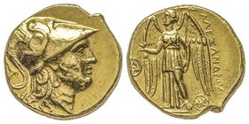 Royaume de Macedonie
Alexandre III le Grand 336-323 avant J.-C.
Statère d'or, AU 8.55 g.
Avers : Tête casquée d'Athéna à droite, coiffée du casque cor...