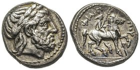 Royaume de Macedonie
Philip II 359-336 avant J.-C.
Tétradrachme, AG 14.14 g.
Avers : Tête laurée de Zeus à droite
Revers : ΦIΛIΠ-ΠOY Cavalier à droite...