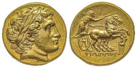 Royaume de Macedonie
Philippe III Arrhidée, 323-317 avant J.-C
Stater, Colophon, vers 322 avant J.-C., AU 8.62 g.
Avers : Tête d’Apollon à droite, ave...