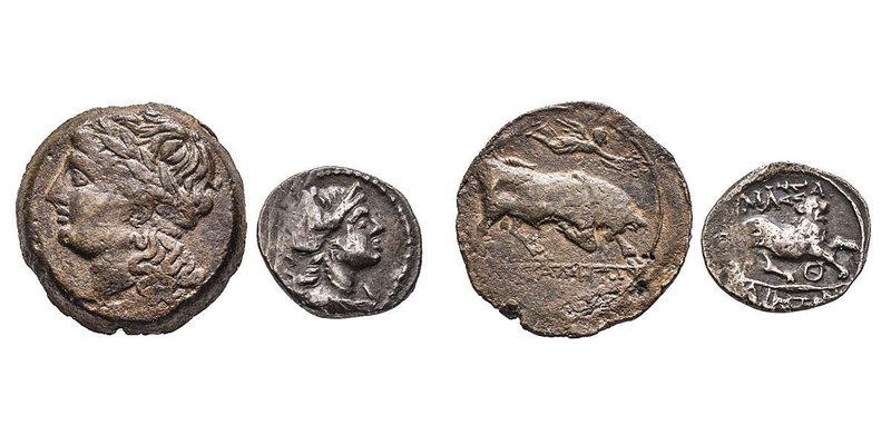 Lot de deux monnaies : Bronze lourd à la Victoire, 220-211 avant J.C. AE 9.65 g....