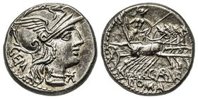 Gens Aburia - C. Aburius Geminus
Denarius, 134 avant J.-C., AG 3.89 g. 
Avers: Tête casquée de Rome à droite 
Revers : Mars sur quadrige à droite 
Ref...