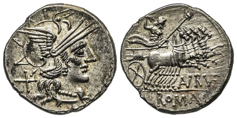 Gens Aurelia - T. Aurelius Rufus
Denarius, Rome, 144 avant J.-C., AG 3.87 g.
Ave...