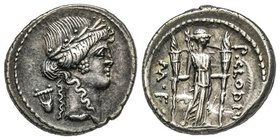Gens Claudia - P. Clodius M. f. Turrinus 
Denarius, Rome, 42 avant J.-C., AG 4.00 g.
Ref : Craw. 494/23, Syd 1117
Ex Vente Neville 39, lot 508
Conserv...