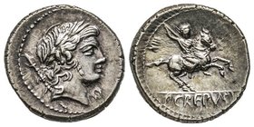 Gens Crepusia - P. Crepusius
Denarius, Rome, 82 avant J.-C., AG 3.76 g. 
Avers : Tête d’Apollon à droite 
Revers : Cavalier avec lance à droite 
Ref :...