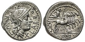 Gens Fabia - Q. Fabius Labeo
Denarius, Rome, 124 avant J.-C., AG 3.99 g.
Avers: Tête casquée de Rome à droite 
Revers : Juppiter sur quadrige à droite...