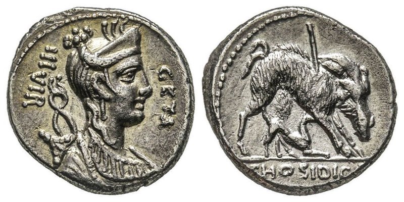 Gens Hosidia - C. Hosidius C.f. Geta
Denarius, Rome, 68 avant J.-C., AG 3.74 g. ...