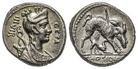 Gens Hosidia - C. Hosidius C.f. Geta
Denarius, Rome, 68 avant J.-C., AG 3.74 g. 
Avers: Buste de Diane avec arc et carquois 
Revers : Le sanglier caly...