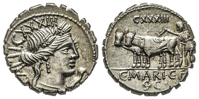 Gens Maria - C. Marius C. f. Capito 
Denarius Serratus, Rome, 81 avant J.-C., AG...