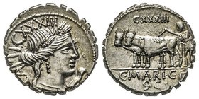 Gens Maria - C. Marius C. f. Capito 
Denarius Serratus, Rome, 81 avant J.-C., AG 4.01 g.
Avers : Tête de Ceres à droite 
Revers : Un agriculteur pouss...
