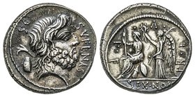 Gens Nonia - Nonius Sufenas
Denarius, Rome, 59 avant J.C., AG 3.96 g. 
Avers : Tête de Saturne à droite 
Revers : Roma assise à gauche; derrière elle ...