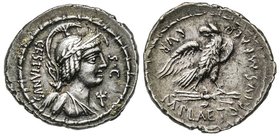 Gens Plaetoria - M. Plaetorius M. f. Cestianus 
Denarius, Rome, 67 avant J.-C., AG 3.90 g.
Avers : Buste de divinité feminine avec les attributs de Di...
