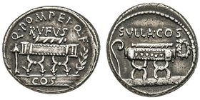 Gens Pomponia - Quintus Pompeius Rufus
Denarius, Rome, 54 avant J.C., AG 4.15 g. 
Avers : Q POMPEI Q F RVFVS, Sella Curulis, palmier à droite, à l’exe...