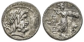 Gens Procilia - L. Procilius 
Denarius, Rome, 80 avant J.-C., AG 3.85 g. 
Avers: Tête de Juppiter à droite 
Revers : Juno Sospita debout, tenant un bo...