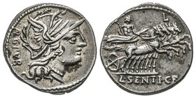 Gens Sentia - L. Sentius C.f. 
Denarius, Rome, 101 avant J.-C., AG 3.92 g. 
Avers: Tête casquée de Rome à droite 
Revers : Juppiter sur quadrige à dro...