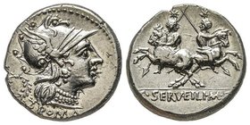 Gens Servilia - C. Servilius M.f
Denarius, Rome, 136 avant J.-C., AG 4.00 g.
Avers: Tête casquée de Rome à droite, derrière une couronne 
Revers : Les...