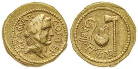 Julius Caesar Aureus, Rome, 46 avant J. C. AU 7.93 g. 
Avers : C CAESAR COS TER Tête voilée à droite Revers : A HIRTIVS PR Lituus, guttus, et securis ...