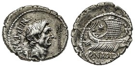 Sextus Pompeius
Denarius, Rome, 44-43 avant J.-C., AG 3.43 g. Avers : NEPTVNI Tête nue de Pompée à droite, devant un trident ; au-dessous, un dauphin ...