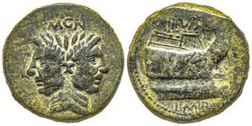 Sextus Pompeius
As, 42-38 avant J.-C., AE 23.48 g. Avers : MAGN Double tête de Pompeius Magnus avec couronne de laurier Revers : PIVS IMP Prue Ref : C...