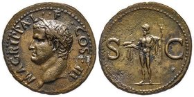 Agrippa 37-12 avant J.C.
As, Rome, AE 11.33 g.
Avers : M AGRIPPA L F COS III Tête couronnée à gauche
Revers : S C Neptune debout face la tête à gauche...