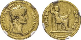 Tiberius 14-37 après J.-C.
Aureus, Lugdunum, AU 7.66 g.
Avers : TI CAESAR DIVI AVG F AVGVSTVS Tête laurée à droite
Revers : PONTIF MΛXIM Pax assise à ...