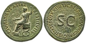 Tiberius 14-37 après J.-C.
Sestertius, 22-23 AD, AE 26.71 g. 
Avers : CIVITATIBVS ASIAE RESTITVTIS Tiberius assis à gauche sur une chaise curule tenan...