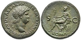 Nero 54-68
Sestertius, Rome, 65, AE 27.11 g. Avers : NERO CLAVD CAESAR AVG GER P M TR P IMP P P Buste lauré à droite 
Revers : S – C ROMA Roma assise ...