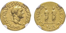 Vespasianus 69-79
Aureus, Rome ou Lugdunum, 69-70, AU 6.99 g. Avers : IMP CAESAR VESPASIANVS AVG Tête laurée à droite Revers : CAESERES VESP AVG FILI ...