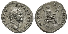 Vespasianus 69-79
Denarius, Rome, 73, AG 3.39 g. Avers : IMP CAES VESP AVG CENS Tête laurée à droite Revers : PONTIF MAXIM L’empereur assis à droite s...