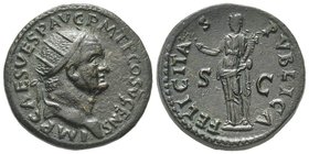 Vespasianus 69-79
Dupondius, Rome, 74, AE 12.6 g. Avers : IMP CAES VESP AVG P M T P COS V CENS Tête radiée de Vespasien à droite Revers : FELICITAS PV...