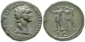 Domitianus 81-96
Sestertius, Rome, 92-94, 24.84 g.
Avers : IMP CAES DOMIT AVG GERM COS XVI CENS PER P P Tête laurée à droite
Revers : S C Domitian, en...