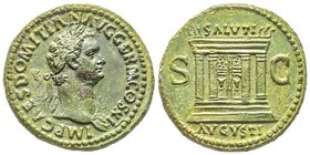 Domitianus 81-96
As, Rome, AE 11.80 g.
Avers : IMP CAES DOMITIAN AVG GERM COS XI Tête laurée à droite avec aegis sur l'épaule gauche
Revers : SALVTI A...