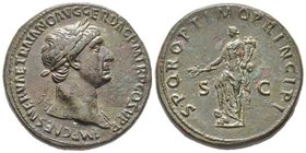 Traianus 98-117
Sestertius, Rome, 103-111, AE 28.75 g.
Avers : IMP CAES NERVAE TRAIANO AVG GER DAC P M TR P COS V P P Tête laurée à droite
Revers : SP...