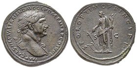 Traianus 98-117
Sestertius, Rome, 103-111, AE 26.41 g.
Avers : IMP CAES NERVAE TRAIANO AVG GER DAC P M TR P COS V P P Tête laurée à droite
Revers : SP...