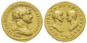 Traianus pour Traianus Pater et Nerva Aureus, Rome, 112-117, AU 7.22 g. Avers : IMP TRAIANVS AVG GER DAC P M TR P COS VI P P Buste lauré, drapé et cui...