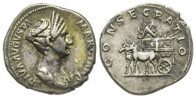 Traianus pour Marciana (sœur de Trajan) Denarius, post 112/114, Rome, AG 3.43 g. Avers : DIVA AVGVSTA MARCIANA Buste diadémé et drapé de Marciana à dr...