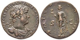 Hadrianus 117-138
Sestertius, Rome, 121-122, AE 25.95 g. Avers : IMP CAESAR TRAIAN – HADRIANVS AVG Buste drapé, lauré et cuirassé à droite. Revers : P...