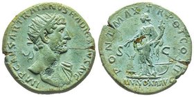 Hadrianus 117-138
Dupondius, Rome, 118, AE 10.98 g. Avers : IMP CAESAR HADRIANVS AVG, Buste radié à droite et draperie sur l’épaule gauche Revers : PO...