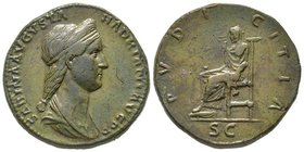 Hadrianus pour Sabina (femme de Hadrianus) Sestertius, Rome, 136, AE 27.70 g. Avers : SABINA AVGVSTA HADRIANI AVG P P Buste diadémé à droite Revers : ...