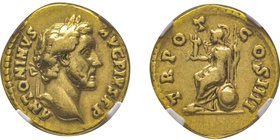 Antoninus Pius 138-161
Aureus, Rome, 145, AU 7.04 g. Avers : ANTONINVS - AVG PIVS P P Tête laurée à droite Revers : TR PO-T - COS IIII Roma assise à g...