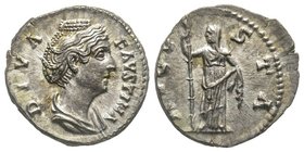Antoninus Pius pour Faustina Augusta 138-141 (femme de Antoninus Pius) 
Denarius, Rome, 140-141, AG 2.85 g. Avers : DIVA FAVSTINA Buste drapé à droite...