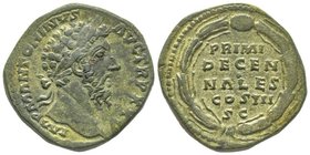 Marcus Aurelius 161-180 
Sestertius, Rome, 171, AE 24.76 g.
Avers : ANTONINVS AVG PIVS P P TR P XI Tête laurée à droite
Revers : PRIMI DECENNALES COS ...