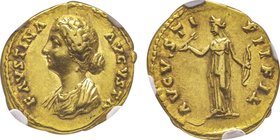 Marcus Aurelius pour Faustina II, Augusta 147-175
Aureus, Rome, 138-161, AU 7.19 g.
Avers : FAVSTINA AVGVSTA Buste drapé à gauche
Revers : AVGVSTI P I...