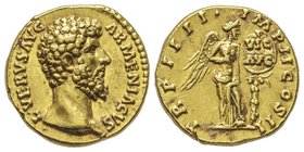 Lucius Verus 161-169 
Aureus, Rome, 163-164, AU 6.84 g. Avers : L VERVS AVG ΛRMENIACVS Tête nue à droite Revers : TR P IIII IMP II COS II Victoria deb...