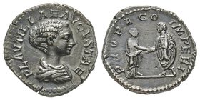 Caracalla pour Plautilla (femme de Caracalla) Denarius, Rome, 202, AG 3.12 g. Avers : PLAVTILLAE AVGVSTAE Buste à droite Revers : PROPAGO IMPERI Le co...